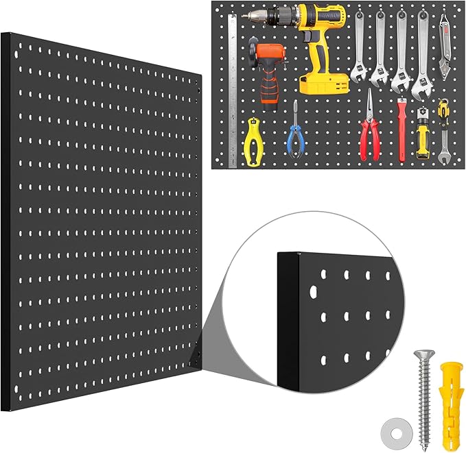 Peg Board, 4 Pack Metal Pegboard Panels Black Pegboards Wall Organizer with Frame Large Heavy Duty Peg Board with Hooks for Walls Home, Garage Tool Storage, Office, Craft Room, Kitchen 24”×16”