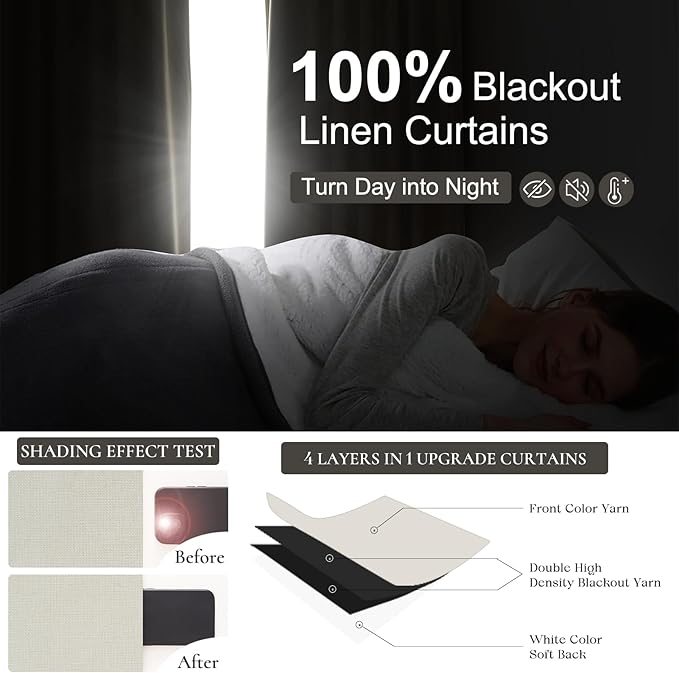 Cute Blackout Curtains 70 Inches Extra Wide Linen 96 Inch Length for Living Room/Sliding Glass Door,Pleated Heavy Duty Thermal Drapes for Winter Thick Large Window(70"Wx96"L 2 Panels Beige White)