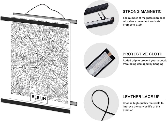 Magnetic Poster Hanger, 37x28 37x40 37x25 Poster Frame Wood Wooden Magnet Print Posters Dowel Scroll Hanger Hangers Hanging Kit for Walls Map Canvas Artwork (Black, 37")