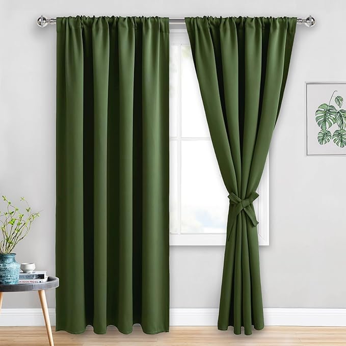 JIUZHEN Christmas Blackout Curtains for Bedroom - Thermal Insulated Room Darkening Noise Reducing, 52 x 84 Inch Length Curtains for Living Room, Set of 2 Panels with Tiebacks, Olive Green