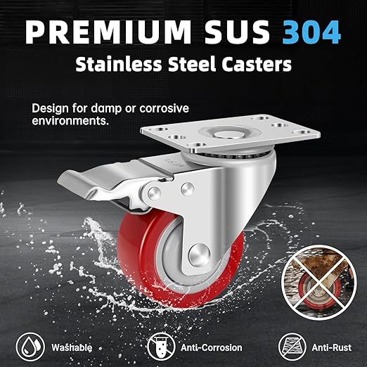 W B D WEIBIDA 3 Inch Stainless Steel Caster Wheels with Brake,Rust-Proof Heavy Duty 304 Casters Set of 8,Anti-Corrosion Industrial Castor for Furniture,Labs,Hospitals,Restaurants