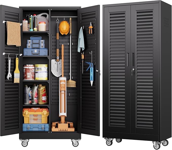 Aobabo Metal Broom Closet Storage Cabinets,Steel Mop and Broom Cabinet with Adjustable Shelves,Lock,Pegboards and Wheels,Assembly Required,Black