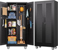 Aobabo Metal Broom Closet Storage Cabinets,Steel Mop and Broom Cabinet with Adjustable Shelves,Lock,Pegboards and Wheels,Assembly Required,Black