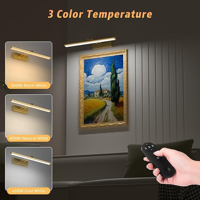 15.35inch Picture Light, Rechargeable Battery Wall Light for Paintings, 3 Colors Paintings Light Dimmable and Timer Metal Art Light for Display, Wall, Artwork, Gallery (Gold)