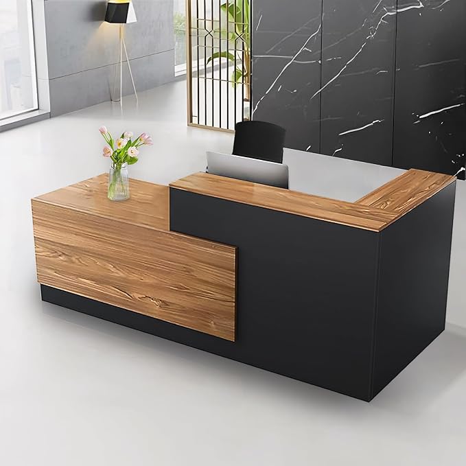 L Shaped Reception Desk with Lockable Drawer and Cable Grommets Front Desk Retail Checkout Counter Table for Salon Lobby Shop Office Reception Room Wood and Black Left 79inch/200cm