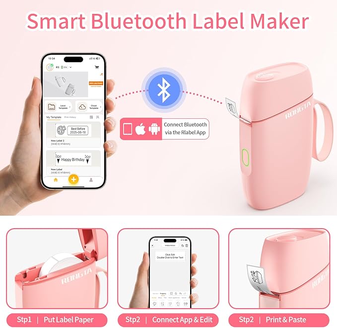 Rongta Label Maker Machine with Tape, Bluetooth Label Printer, Wireless Mini Label Makers with Multiple Templates for Organizing Office Home (Pink)