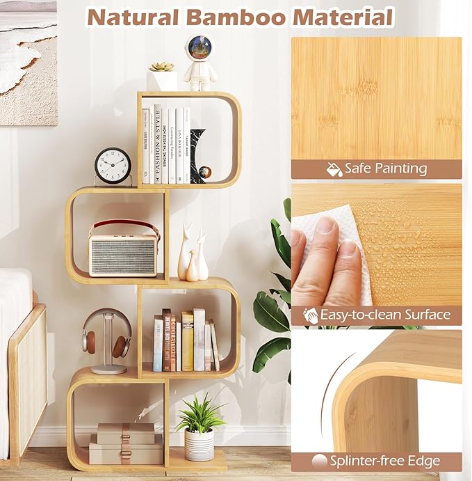 Giantex S-Shaped Bookcase Set of 2, 4-Tier Bamboo Bookshelf with 2 Open Cubes, Geometric Corner Display Shelf, Decorative Storage Organizer, Floor Storage Rack for Living Room, Home Office, Natural
