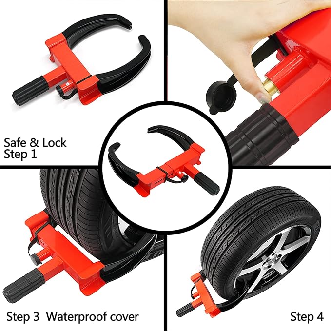 KAYCENTOP Wheel Clamp Lock Tire Lock Anti Theft Lock Fit Most Vehicles Max 11" Tire Width and 7" Reach for Trailers SUV Boats ATVs Motorcycles Golf Cart Great Deterrent Bright Red/Black, 3 Keys