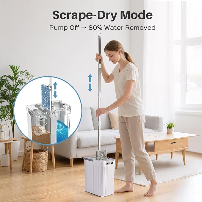 Mop and Bucket Set with AUTO Pump, 3-Zone Separate Dirty and Clean Water Floor Mop, Flat Mop and Bucket System with Wheels and Wringer, 4 Reusable Pads, One-Touch Water Filling for Floor Cleaning