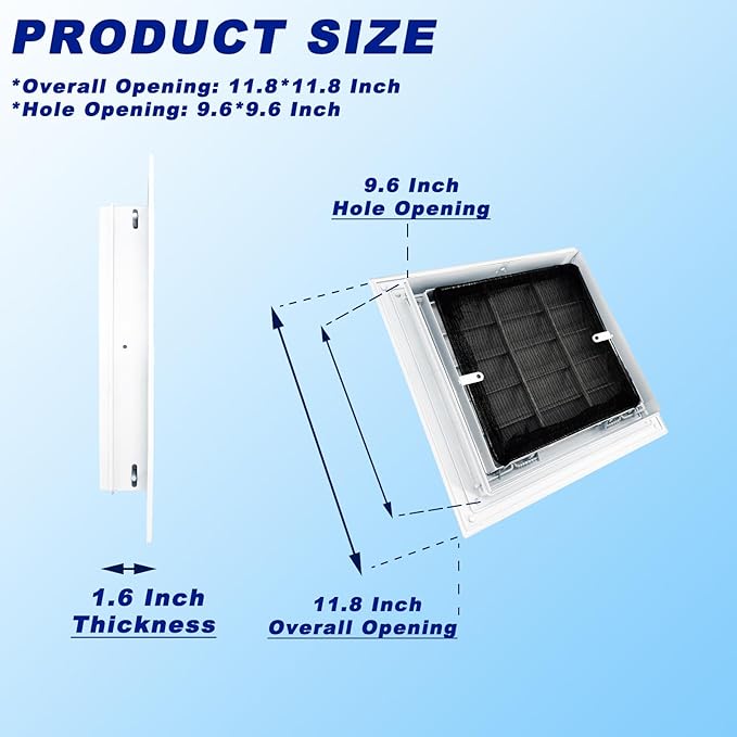 12"*12" Gable Vent,Aluminum Alloy Wall Vent Shed Vents,with Removable Strainer and 180 Degree Opening Angle.Ideal for Attic,Shed,Garage,Play House,Coop.[Inside Dimensions:9.5"w X 9.5"h]-White 1 Pack