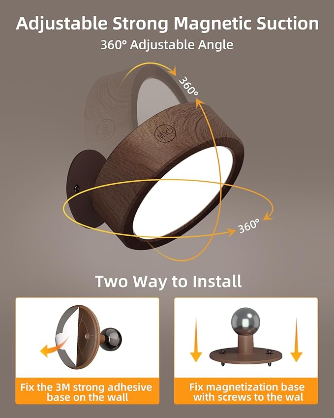 EZVALO LED Wall Mounted Lights, 5500mAh Rechargeable Wall Sconces Lamp, 3 Color Temps & Remote and Touch Control, 360°Rotation Dimmable Cordless Wall Light for Bedroom Reading Study (2 Pack Walnut)