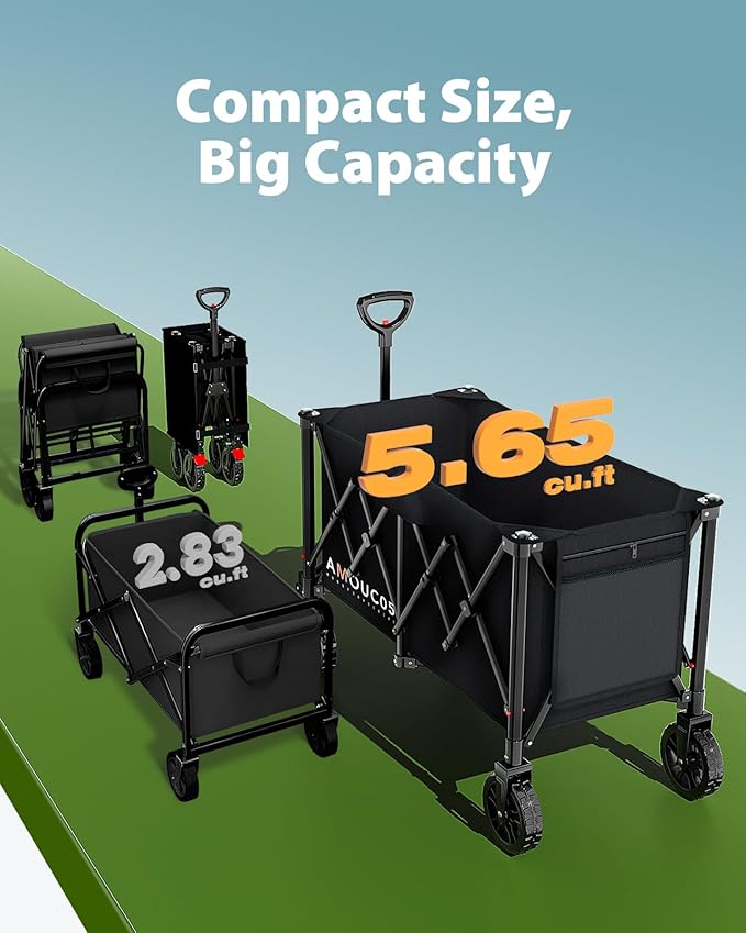 Wagons Carts Foldable, 350LBS Collapsible Wagon with 360° Rotating Wheels, Brakes, and Side Pocket, Large Capacity 160L Wagon Cart for Shopping, Park, Camping and Outdoor Use