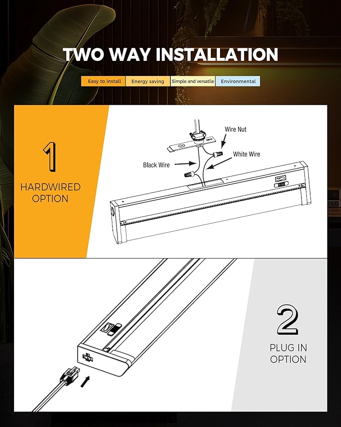 12" LED Under Cabinet Lighting, 8W 600LM, 3 Color Temperatures (3000K/4000K/5000K), Hardwired or Plug-in, Dimmable, 45° Rotatable Design, Connect Multiple Fixtures Up to 15 Units