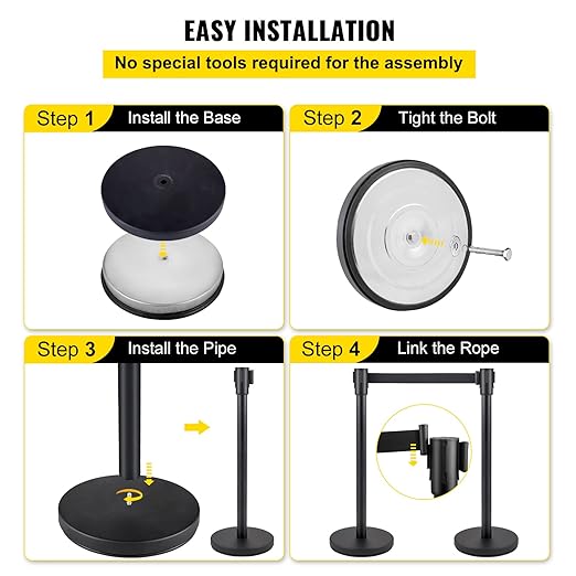 VEVOR Crowd Control Stanchion, Set of 4 Pieces Stanchion Set, Stanchion Set with 6.6 ft/2 m Black Retractable Belt, Black Crowd Control Barrier w/Concrete and Metal Base - Easy Connect Assembly