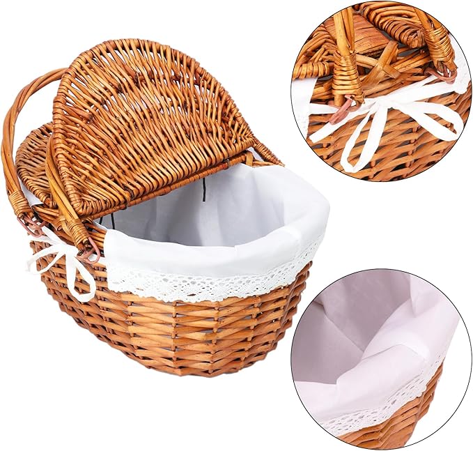 Wicker Picnic Basket with Lid, Wicker Picnic Hamper with Removable Lining and Foldable Handles, Woven Picnic and Outdoor Basket for Camping, Picnics, and Outdoor Adventures