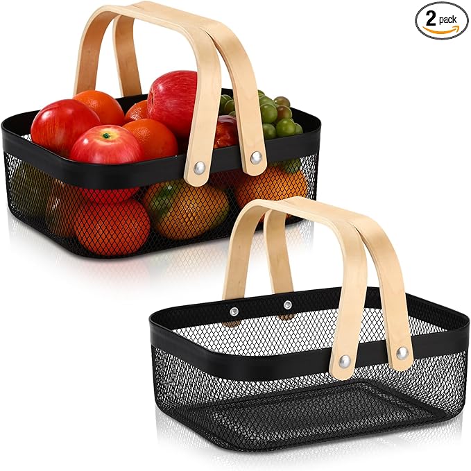Sadnyy 2 Pcs Metal Wire Storage Basket with Handle Mesh Harvest Durable Vegetables Fruit Basket for Garden Organizing, Kitchen, Countertop, Closet, Bedroom (12.6 x 9.7 x 4.3 Inch,Black)