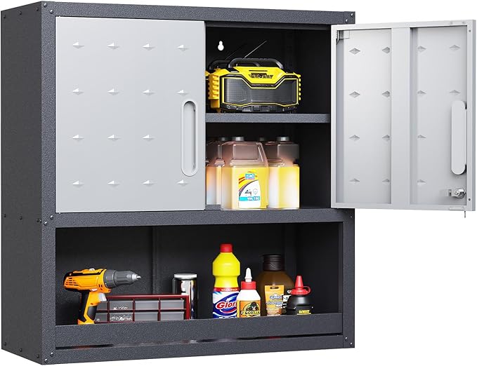 Wall Mounted Cabinet with Locking Doors, Open Shelf, Metal Hanging Garage Storage Cabinet, Adjustable Floating Upper Tool Cabinets for Shop, Kitchen, Bathroom (Grey, 30''W x 12''D x 30''H)