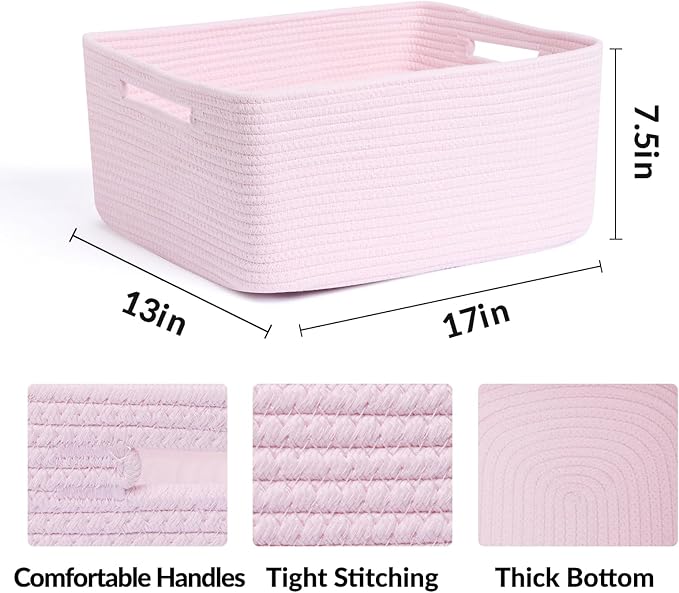 Large Storage Baskets for Shelves, Closet Organizers Bins for Clothes Blanket Towels, Baby Nursery, Toy Baskets Box, Woven Rope Baskets, 17 x 13 x 7.5”, 2 Packs Light Pink