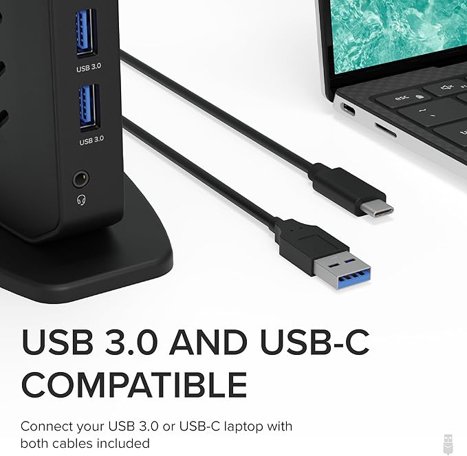 Plugable USB 3.0 and USB-C Universal Laptop Docking Station with 2 HDMI Ports for Windows, Mac (Driver Required), and ChromeOS, Gigabit Ethernet, Audio