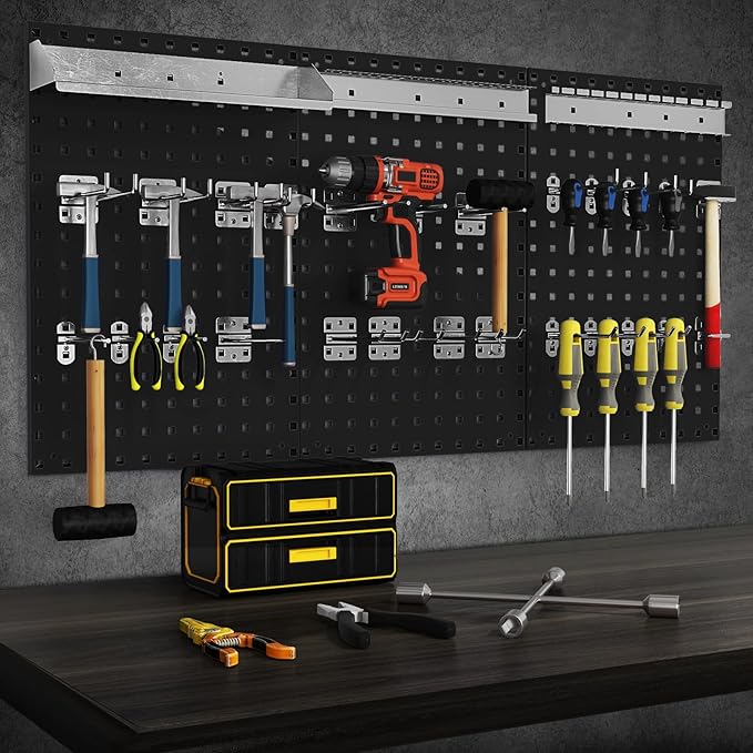 Goplus Garage Pegboard, Metal Pegboard Tool Organizer Kit with 3 Pegboards & 28 Pcs Hanging Accessories, Heavy Duty Pegboard Wall Organizer, Peg Board for Workshop, Tool Storage, Black