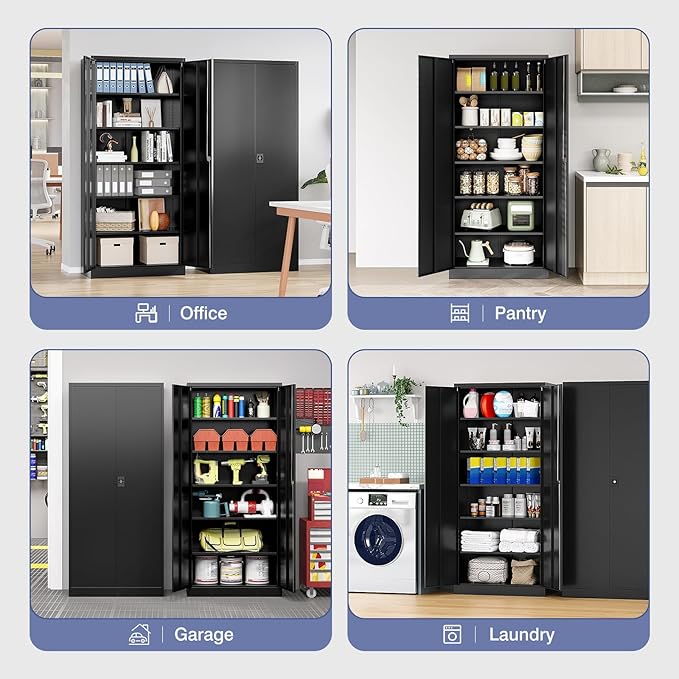 Metal Storage Cabinet with Locking Doors, Tall Cabinets for Home, Office, Warehouse Organizer (Black)