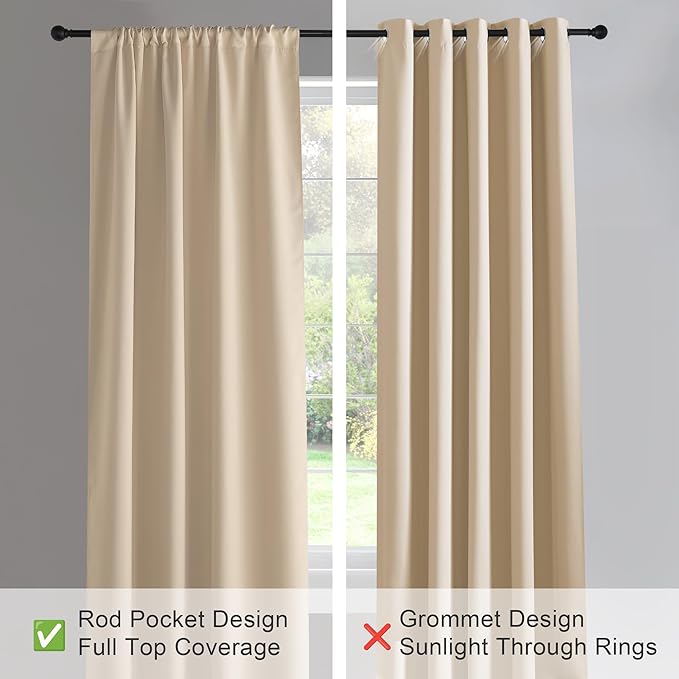 PONY DANCE Room Darkening Curtains - Rod Pocket Top Curtains and Drapes Solid Soft Window Panels Light Block for Living Room, 70 Wide by 84 in Drop, Biscotti Beige, 2 Pieces