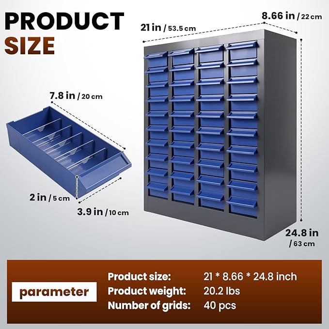 100 Drawer Nut and Bolt Organizer, 21" L X 9" W X 25" H Part Cabinet Bolt and Nut Tool Storage, SPCC Material Bolt Organizer Storage with Shelf and Label for Shop (40 Drawers)