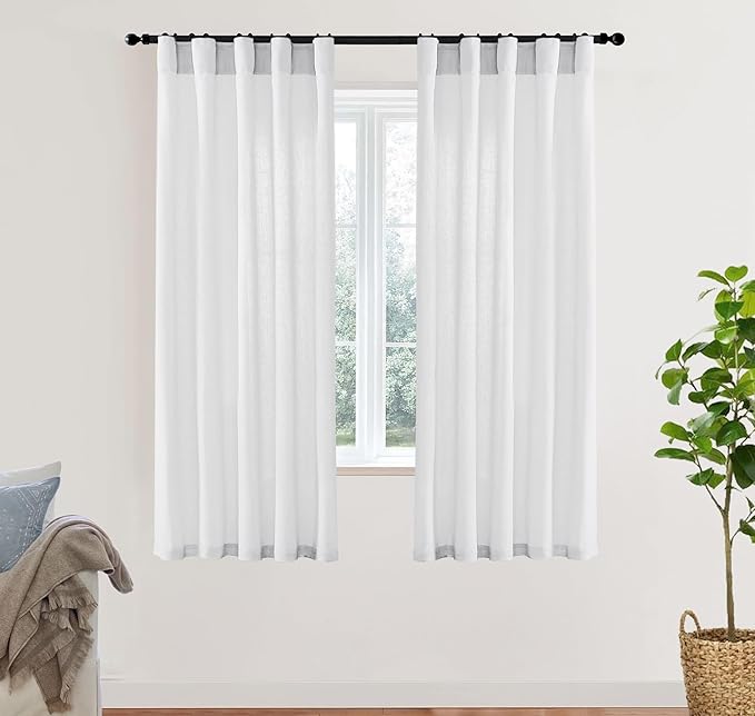 XTMYI White Sheer Curtains 68 Inches Long for Bedroom Living Room Dining Room,Linen Cotton Privacy Curtains for Kitchen Bathroom,40x68 Inch Length 2 Panels Set