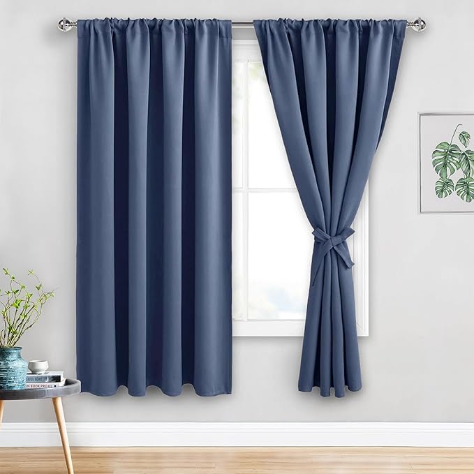 JIUZHEN Dusty Blue Blackout Curtains for Bedroom - Thermal Insulated Room Darkening Noise Reducing, 52 x 63 Inch Length Curtains for Living Room, Set of 2 Panels with Tiebacks, Dusty Blue