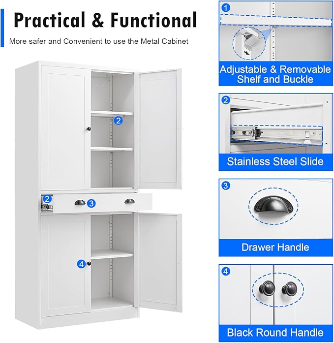 Metal Kitchen Pantry Cabinet, 71'' Tall Food Pantry Storage Cabinet with Doors and Shelves, White Freestanding Cupboard for Dining Room, Living Room - Assemble Required