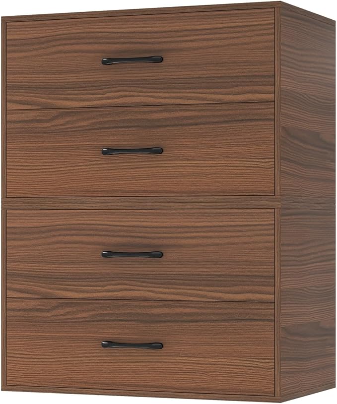 GOFLAME Stackable 2-Drawer Dresser Set of 2, Wood Horizontal Storage Organizer with Metal Handle & Smooth Sliders, Lateral File Cabinet with Anti-tilt Kit for Bedroom Office, Walnut