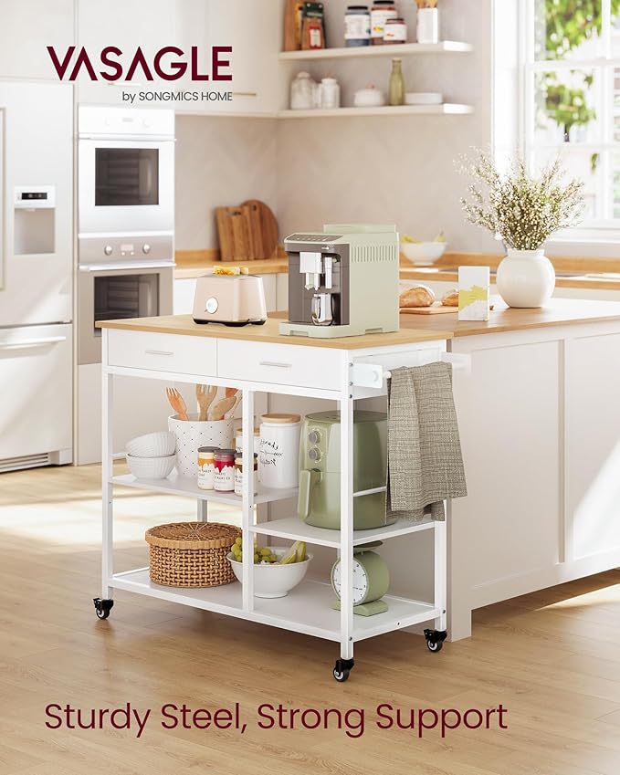VASAGLE Kitchen Rolling Island, Mobile Kitchen Cart with Storage on Wheels, 17.7 x 38.8 x 35.4 Inches, Towel Rack, 2 Drawers, 2 Hooks, for Dining Room, Oak Beige and Matte White UKKI010Y01