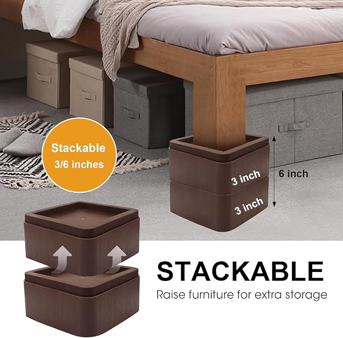 Bed Risers, Elevation up 3 inch, Heavy Duty Couch Risers 6000lbs, Stackable 3/6 / 9 inch Bed Furniture Risers Fits 5.5X5.5 inch Legs for College, Dorm, Couches, Tables, Desks, Set of 8
