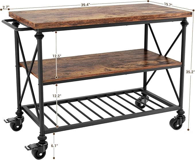Homieasy Kitchen Island Cart with Wheels, 3-Tier Wood and Metal Rolling Kitchen Island Table with Pipe Legs, Storage Shelves & Lockable Casters for Kitchen Dining Room, Rustic Brown