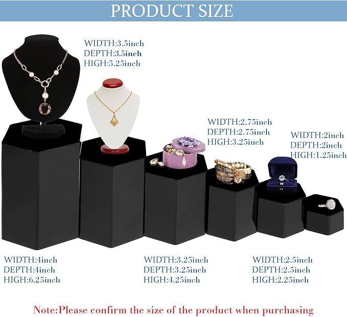 Jetec Hexagonal Jewelry Display Risers Hexagonal Market Display Risers Stands Acrylic Showcase Acrylic Stand for Jewelry Model Figures Decoration, 6 Sizes(Black,6 Pieces)