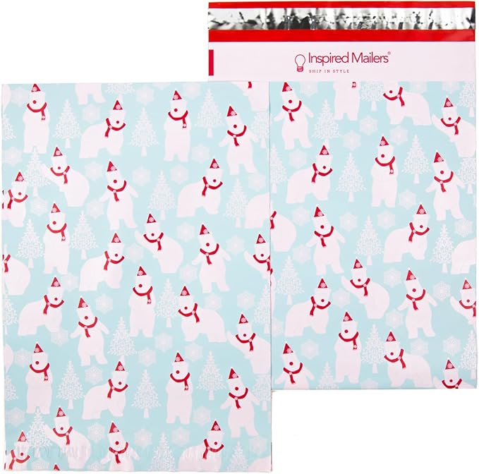 Inspired Mailers - Poly Mailers 10x13-100 Pack - Polar Bears (Blue) - Holiday Poly Mailers - 10x13 Shipping Envelopes - Christmas Packaging Bags
