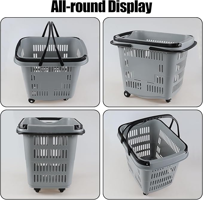 Teyyvn 4 PCS 50L Plastic Rolling Shopping Basket with Handle, Rolling Shopping Basket for Supermarkets and Retail Stores, Grey