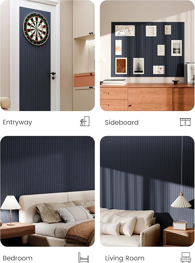 Bumusty Large Cork Board Alternative-47 x35 Felt Bulletin Board, with 30 Pushpins, 70 Adhesive Tabs, 12-Pack Slat Wall Paneling, Cork Boards for Office Push Pin Board Felt Board-Deep Charcoal Blue