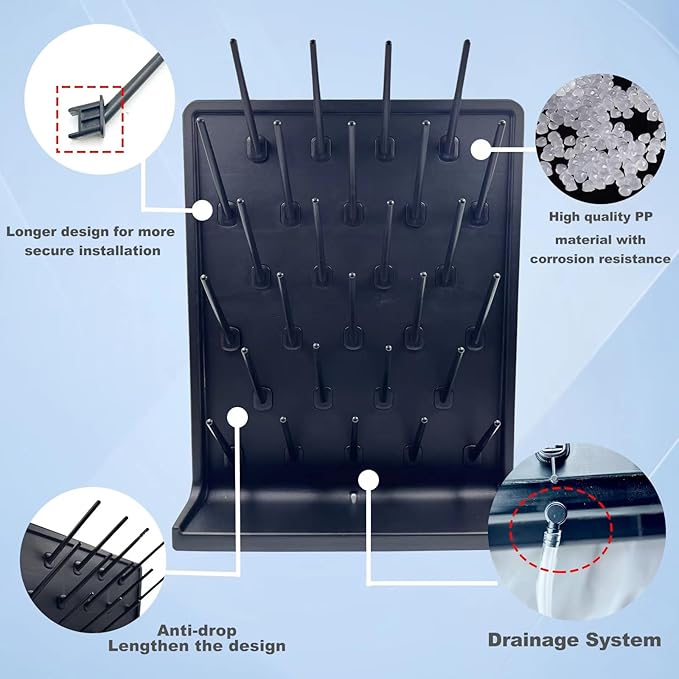 Lab Drying Rack 27 Pegs Laboratory Cabinets Glass Drying Racks Wall-Mount Black Cleaning Frame for School Laboratory Utensils Hidden Installation