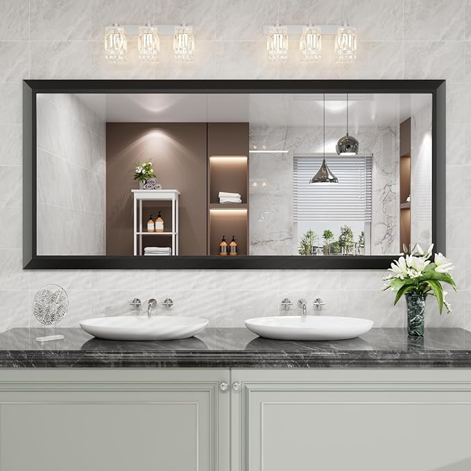 Amorho Bathroom Mirror Black, 72X32 Inch Thick Metal Framed Wall Mirrors for Over 2 Sinks, Bedroom, Living Room, Entryway, Large Rectangle Wall-Mounted Mirrors.