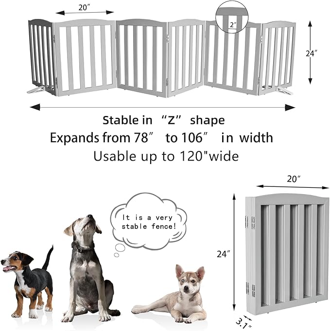 Freestanding Dog Gate Indoor,Doggie Gate Foldable Pet Gates for Doorways,Stairs or Hallways, Wooden Grey Pet Gate for The House, Pet Fence with Support Feet Included,24 "Height-6 Panels