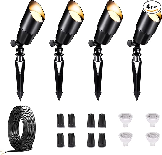LED Outdoor Spotlight Kit, with 4 Pack Black Low Voltage Landscape Light and 100FT Cable and 20 Wire Connectors, Waterproof Aluminum Light for Patio Yard House, Without Transformer