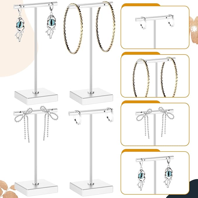 Kigeli 6 Pack Metal T Bar Earring Display Stand Retail Earring Display Holder Detachable Metal Earring Display Storage Rack Jewelry Photography Prop, Square Base, Height 4.3" and 5.1" (Silver)
