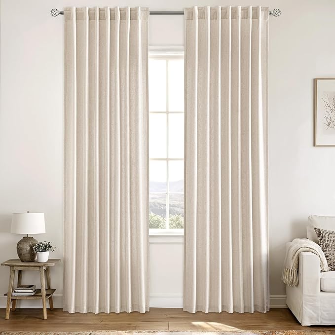 MIULEE Non-See-Through Privacy Linen Curtains 2 Panels, Light Filtering Window Curtains Farn House Textured Back Tab Semi Sheer Drapes for Bedroom Living Room, 52 x 72 Inches Long, Birch