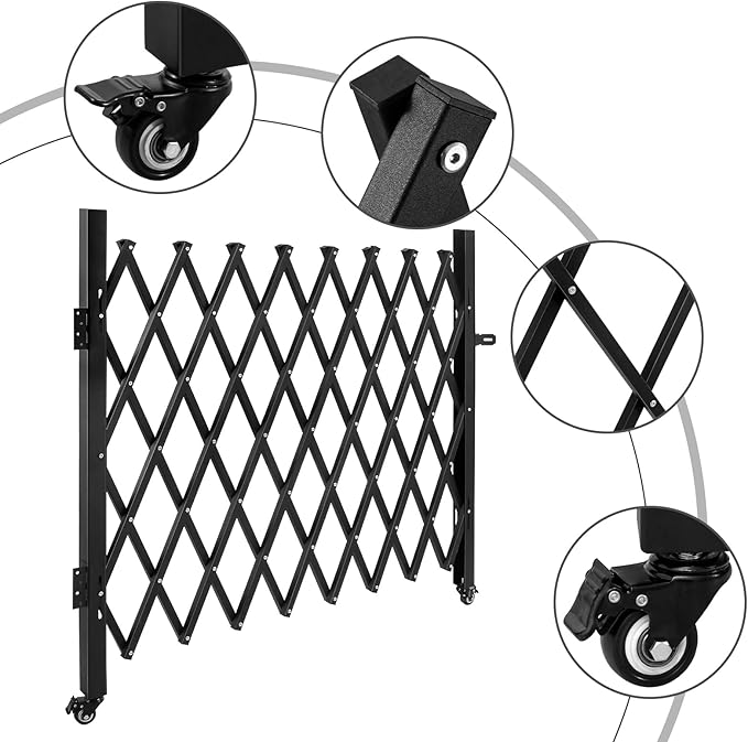 Folding Security Gate 65.35''W X 48.03''H Steel Scissor Door Gate Barricade Gate Expandable Security Gate Flexible Accordion Security Gate with 360° Wheels&Padlock