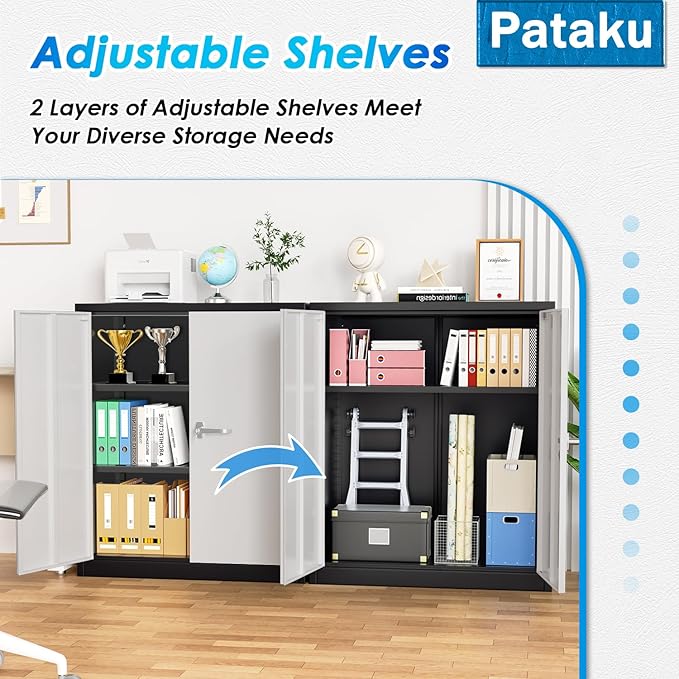 Pataku Metal Storage Cabinet, Garage Cabinet with Doors and Shelves 36" Hx32 Wx16 D, Steel Lockable File Cabinets for Office, Home, Garage, Basement, Industrial, Black Grey