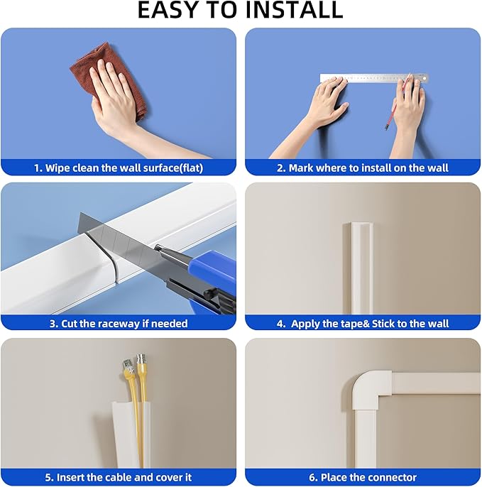Delamu Cord Hider Cover, 142in TV Cable Concealer Kit for Wall Mounted TV with Management 2-3 Wires, Paintable Cable Cover for Floor, Easy Install, W 0.94 H 0.47in, White
