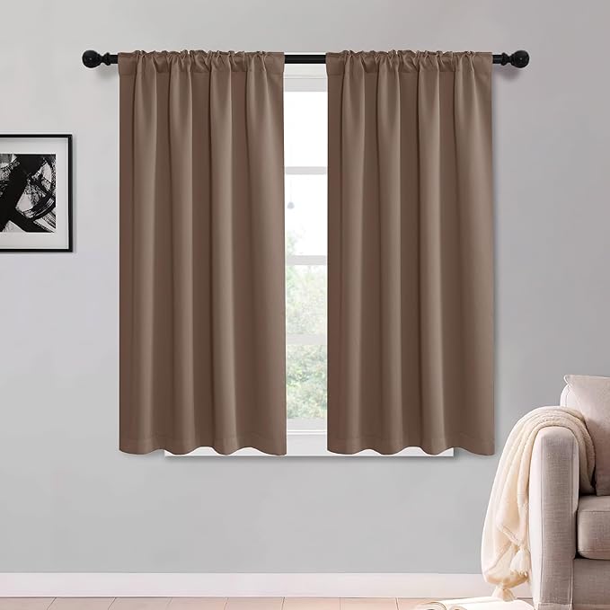 KGORGE Room Darkening Curtains 54 inch Length, Privacy Thermal Insulation Energy Saving Noise Reducing Small Window Treatments for Nusery Office, Back Tab Rod Pocket, W52 x L54, Mocha, 2 Panels