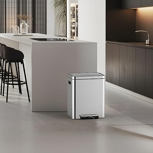 Dual Compartment Trash Can - 2 X 4 Gal (2 x 15L) Stainless Steel Trash Can, Double Sorting Bin with Soft Close Lids, Removable Inner Bucket, Step-on Recycling for Kitchen Home Office