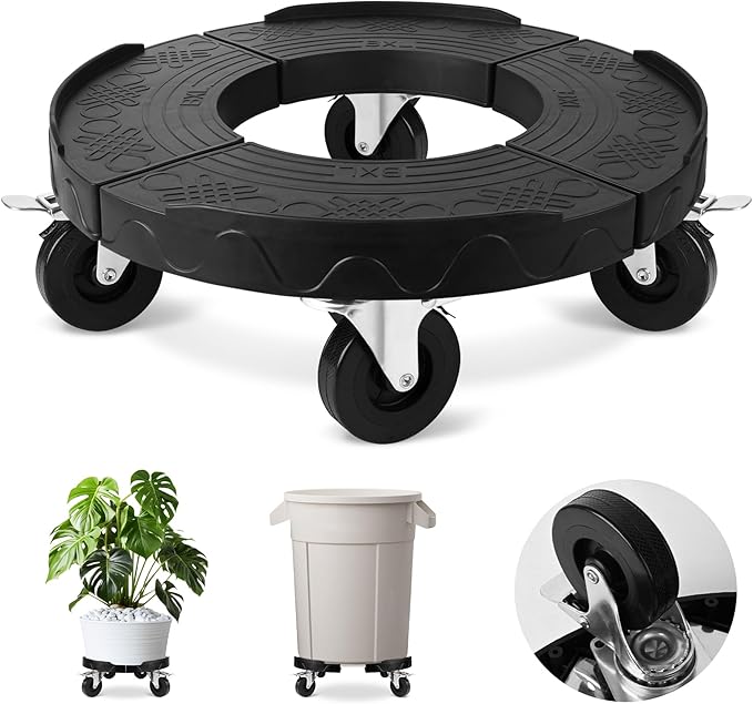 ToLanbbt Trash Can Dolly with 3 in Upgraded Wheels, 15-19 in Adjustable Round Furniture Dolly, Heavy Duty 480 LBS Drum Rolling Base, Keg Dolly for 20, 32, 44, 55 Gallon Garbage Cans, Black, 1 Pack